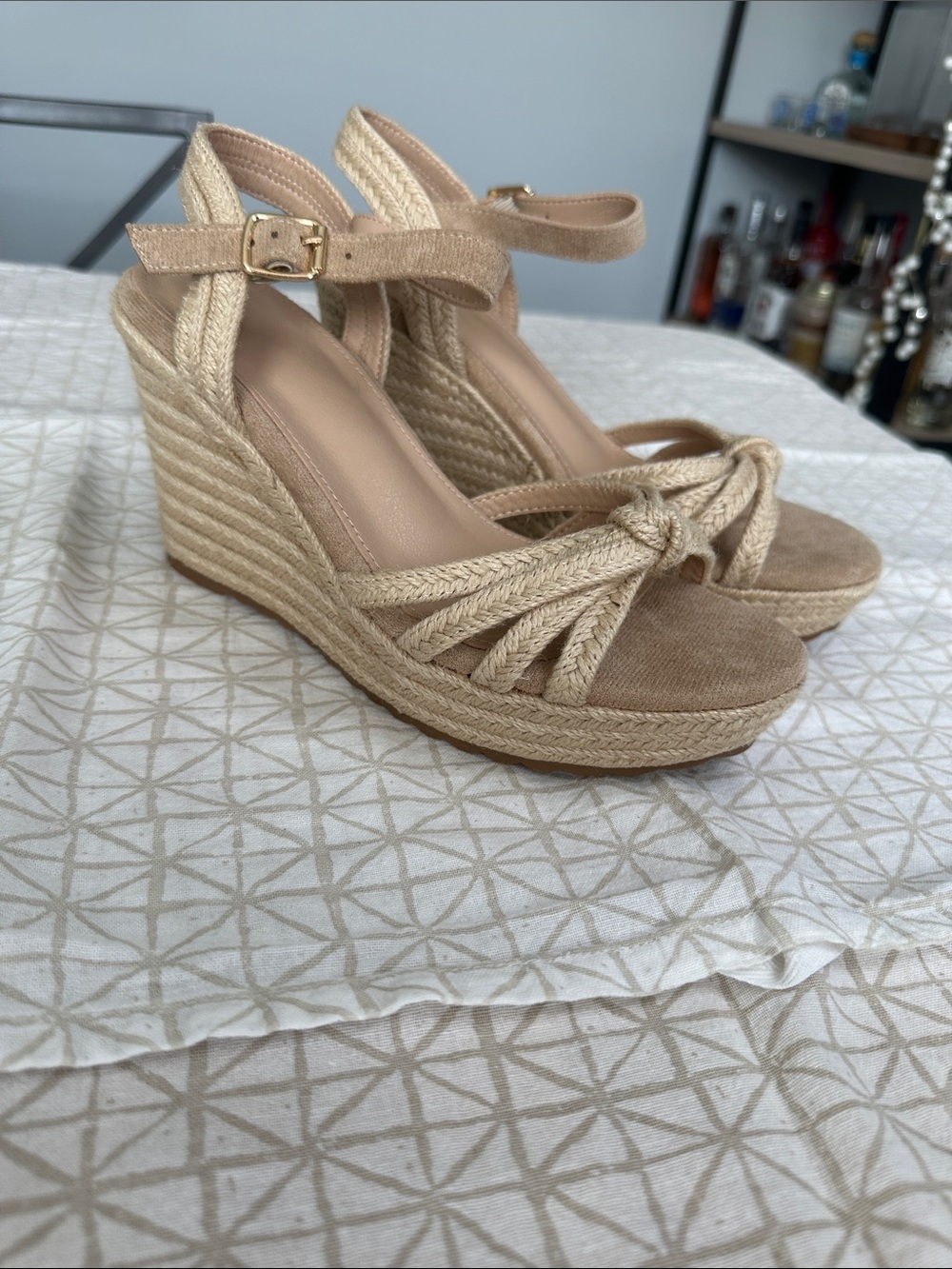 NWOT Beige Espadrille Wedge Sandals with Ankle Strap